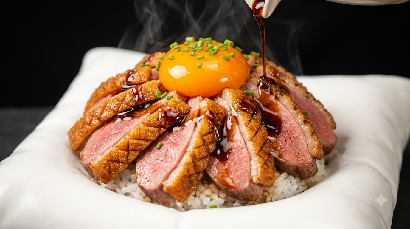 鴨肉のクリスピー丼 卵黄の醤油漬け添え