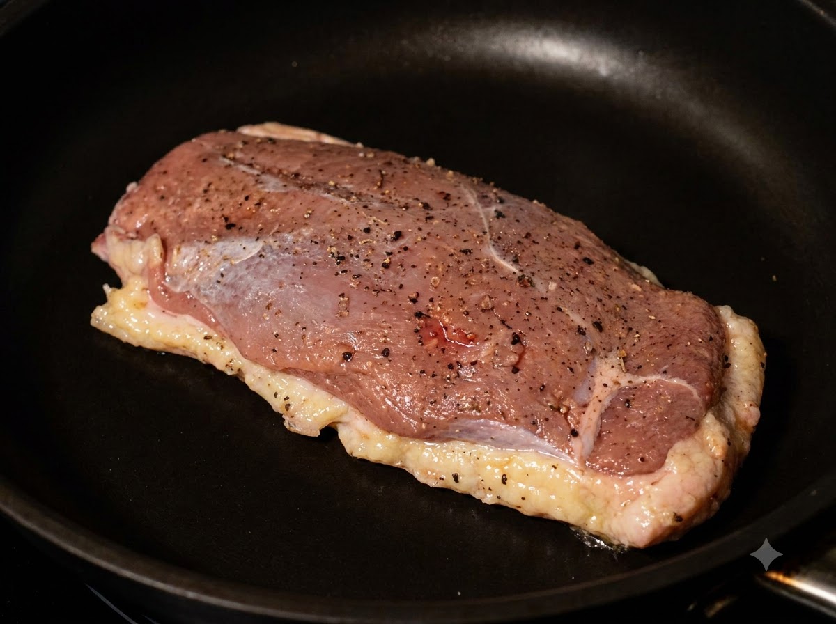 味付けした生の鴨胸肉を、まだ温まっていない黒いフライパンに皮を下にして置いている様子。