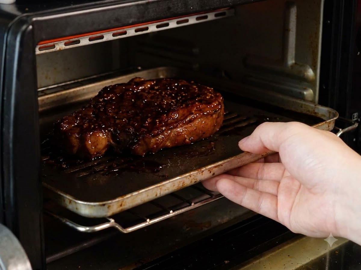 ハニーソイグレーズを塗った鴨胸肉が載った小さなトレイを、予熱したオーブンに差し入れている様子。