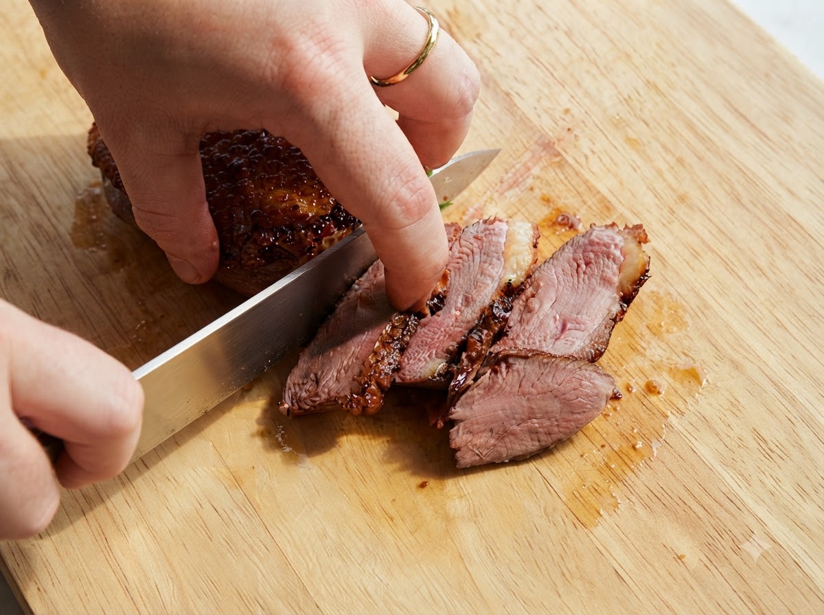 木製のまな板の上で、鋭いナイフでローストした鴨胸肉を切っている様子。ピンク色でジューシーな断面が見えている。