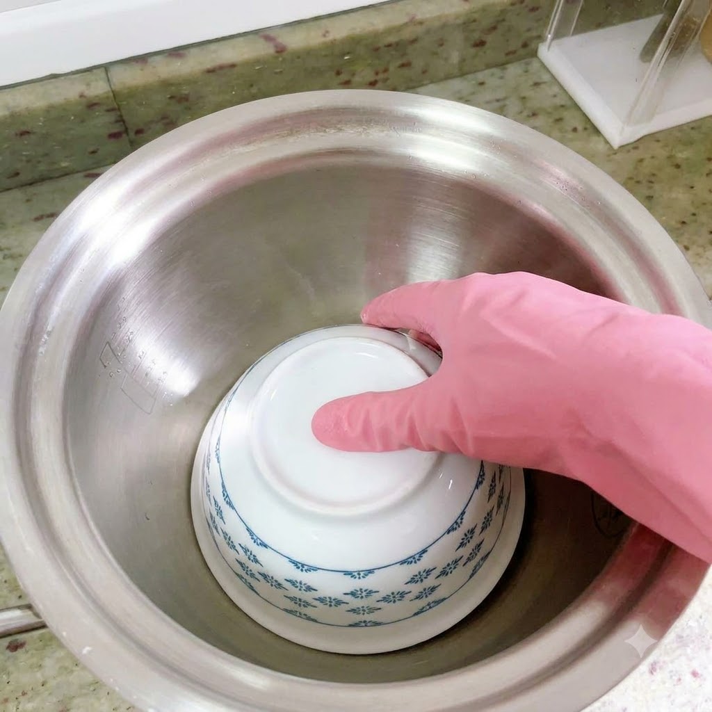 手袋をした手が、金属鍋の中央に青と白の小さな陶器のお椀を裏返しに置いているところ。