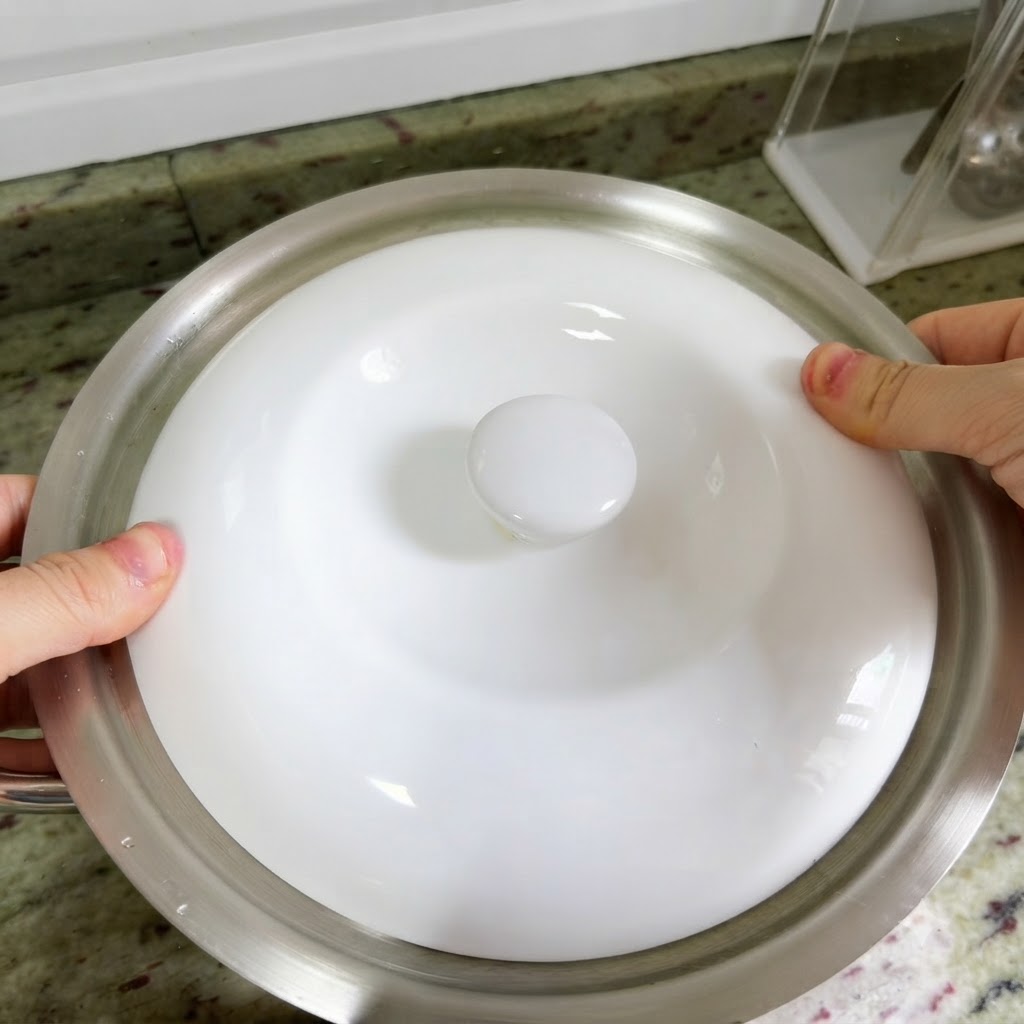 アヒルが入った大きな金属鍋に白い陶器の蓋を置いている両手。