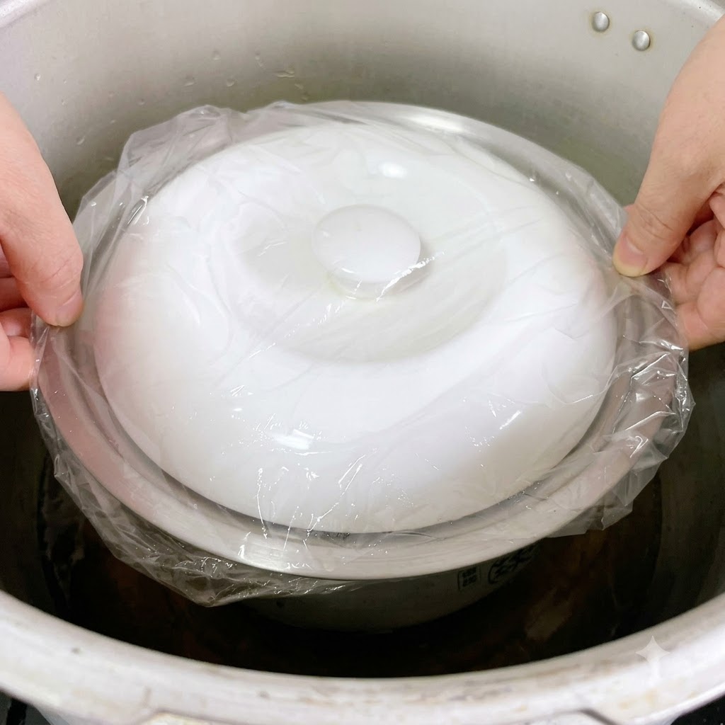 プラスチックラップでしっかりと密閉された金属鍋が、蒸すための大きな圧力鍋に慎重に入れられているところ。