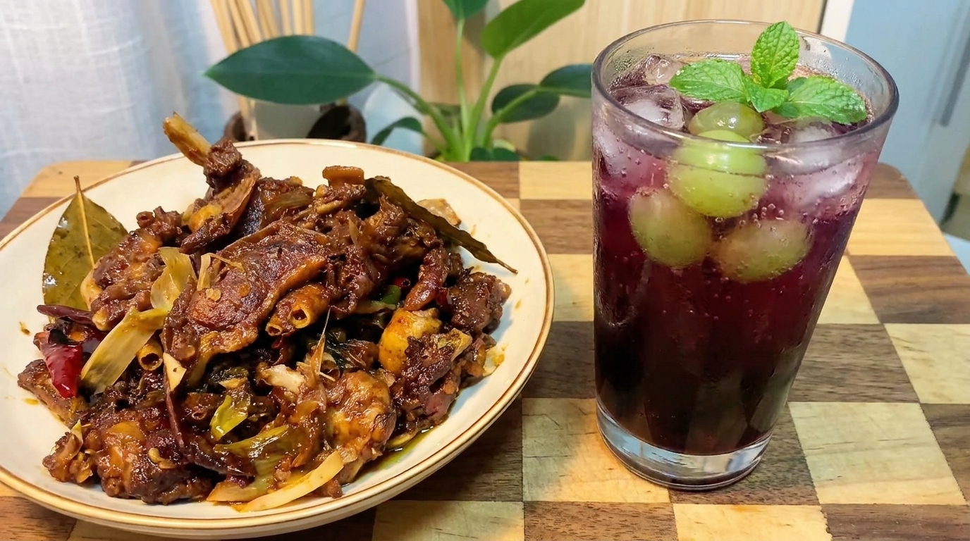 醤油ビール鴨肉と酔いしれるぶどうのスパークリングドリンク