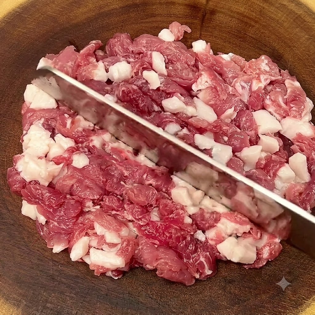 木製のまな板の上で、包丁を使って豚肩ロース肉を細かく刻んでいる様子