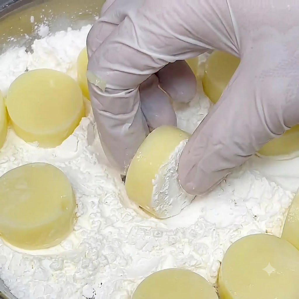 金属製のバットの中で、卵豆腐の輪切りに白い片栗粉をしっかりとまぶしている様子