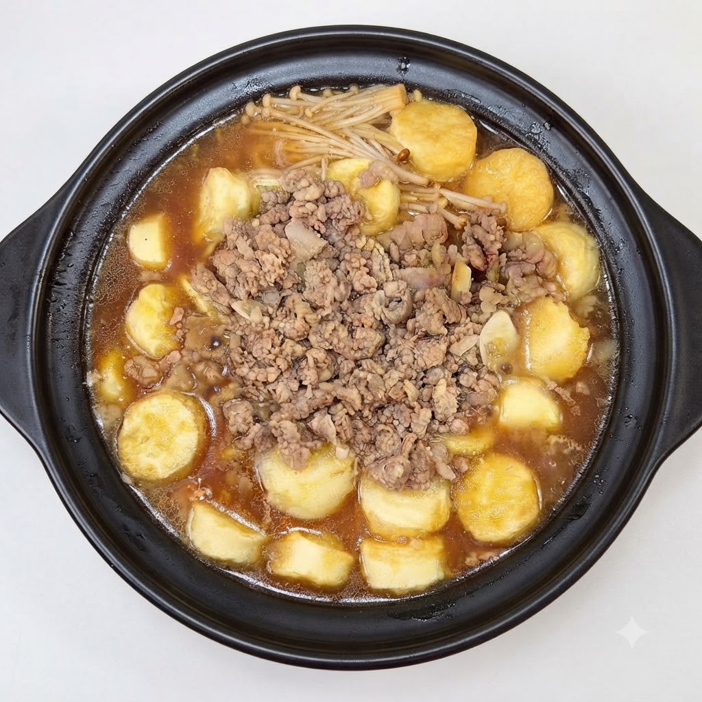 蓋を開けた黒い土鍋の中で、豆腐、えのき茸、ひき肉の煮込みがスープと共に煮立っている様子