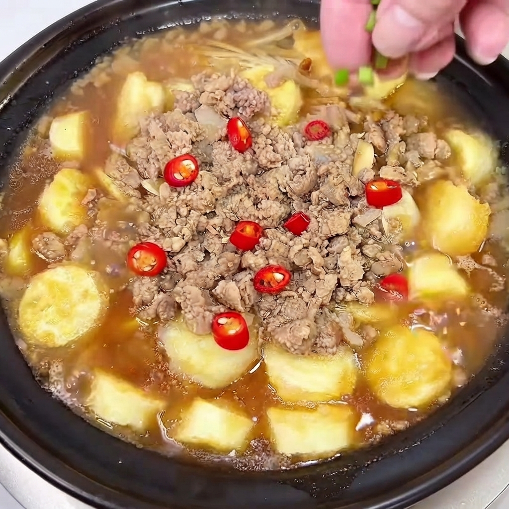 煮上がった土鍋料理の上に、刻んだ青ネギと赤唐辛子を手でパラパラと散らしている様子