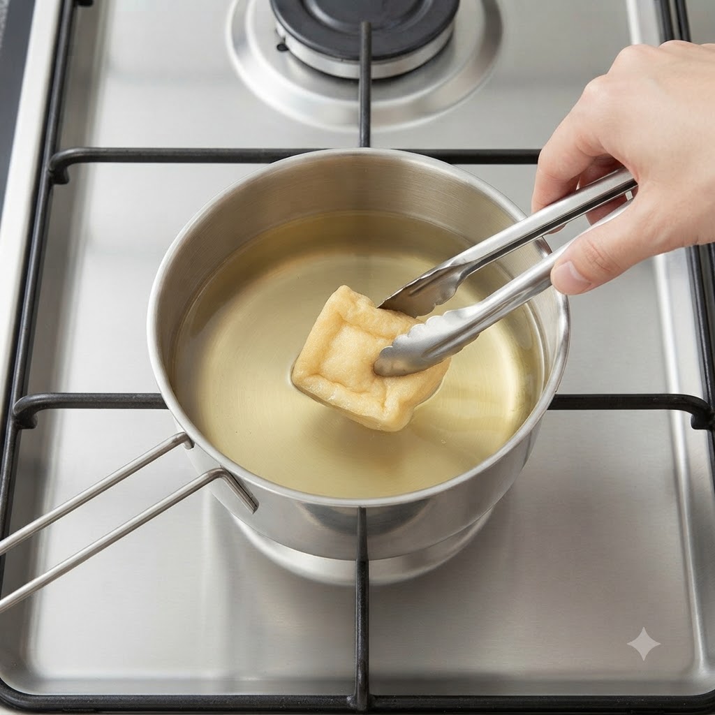 トングを使って、細切りにした油揚げをだしの入った鍋に入れている様子。