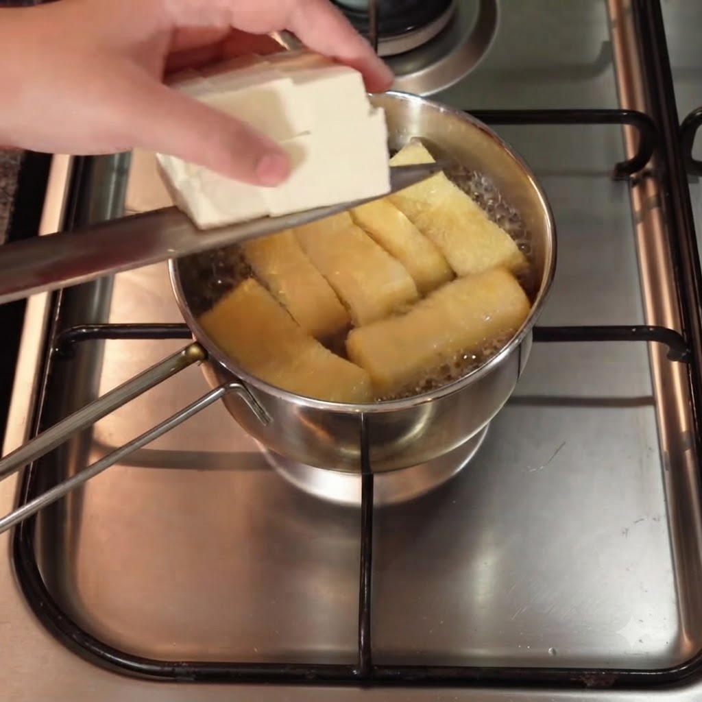 包丁から滑らせるようにして、油揚げの入った沸騰した鍋に豆腐の角切りを加えている様子。