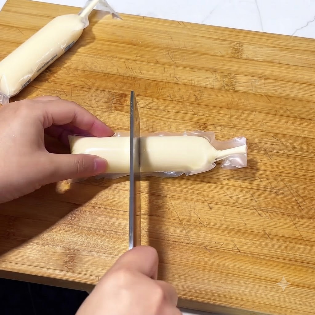 木のまな板の上で、包丁を使ってプラスチックパッケージに入ったままの卵豆腐を厚切りの丸い輪切りにしているところ。