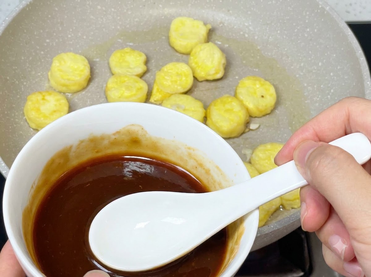 濃い茶色のソースが入った白いボウルから、揚げた豆腐のピースが入ったフライパンにスプーンでソースが注がれているところ。