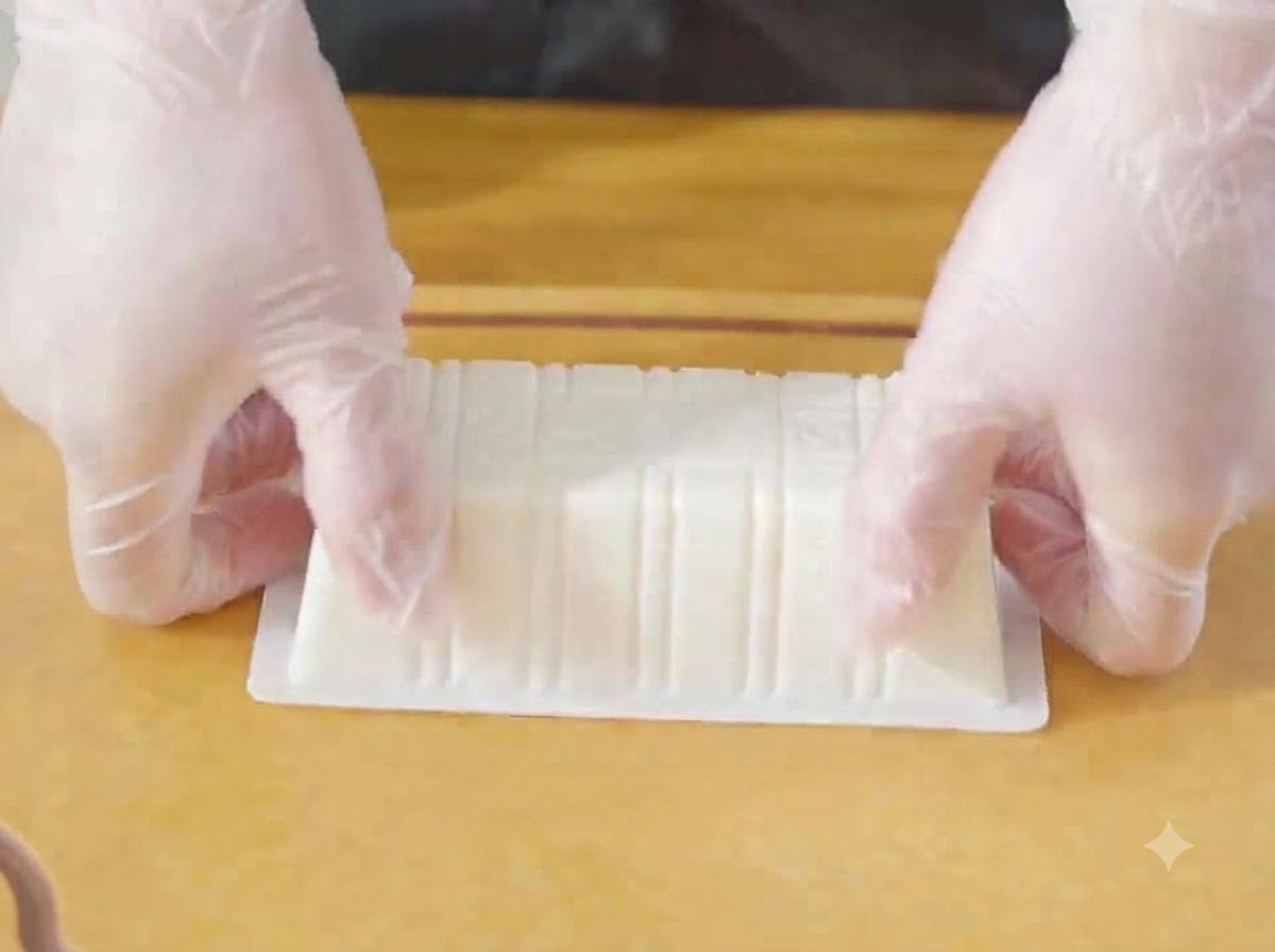 手袋をした両手が、プラスチックの容器から白い絹ごし豆腐のブロックを取り出して木製のまな板に載せているところ。
