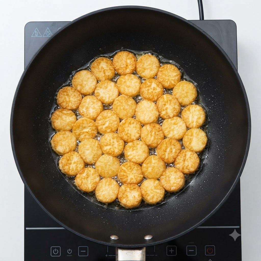 加熱器具の上の黒い中華鍋の中で、黄金色の焼き色がついたたくさんの豆腐の輪切りがジューシーに焼かれている様子。