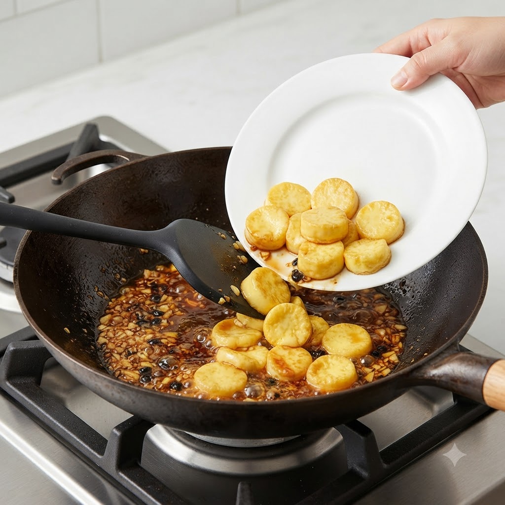 白いお皿から、黒い中華鍋の中の泡立つソースの中に、あらかじめ揚げた黄金色の豆腐スライスが移されている様子。