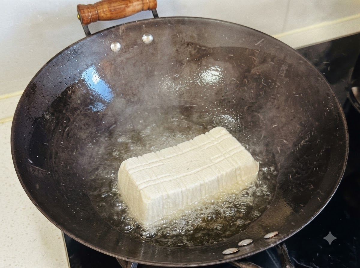 油を引いた熱した黒い中華鍋の中に、長方形の柔らか豆腐が丸ごと置かれている様子。