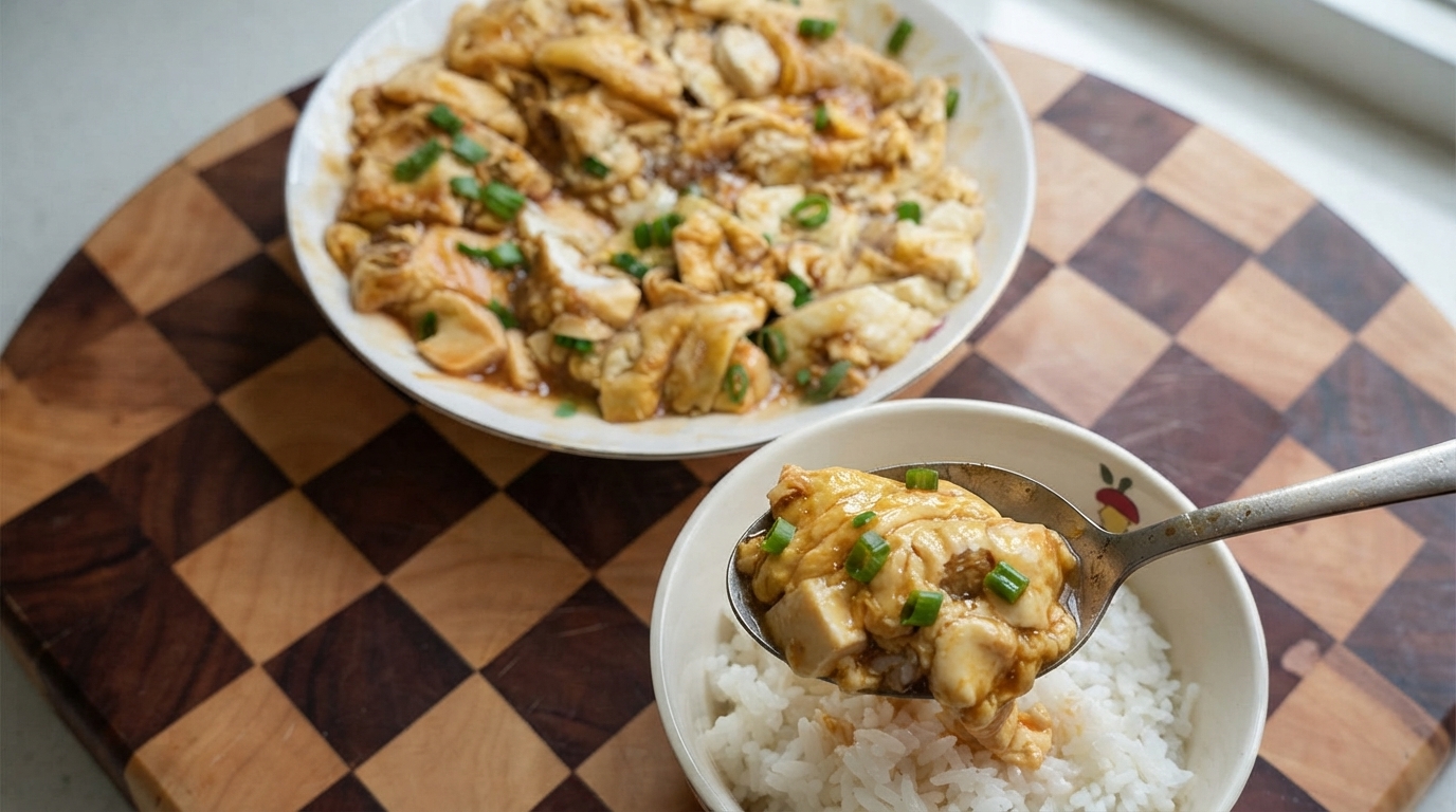 細ねぎをトッピングした卵包み豆腐の仕上がり、白ご飯とともに提供