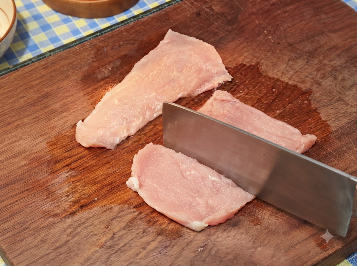 木のまな板の上で、包丁の背を使って豚肉を叩き、平らにして柔らかくしている様子。