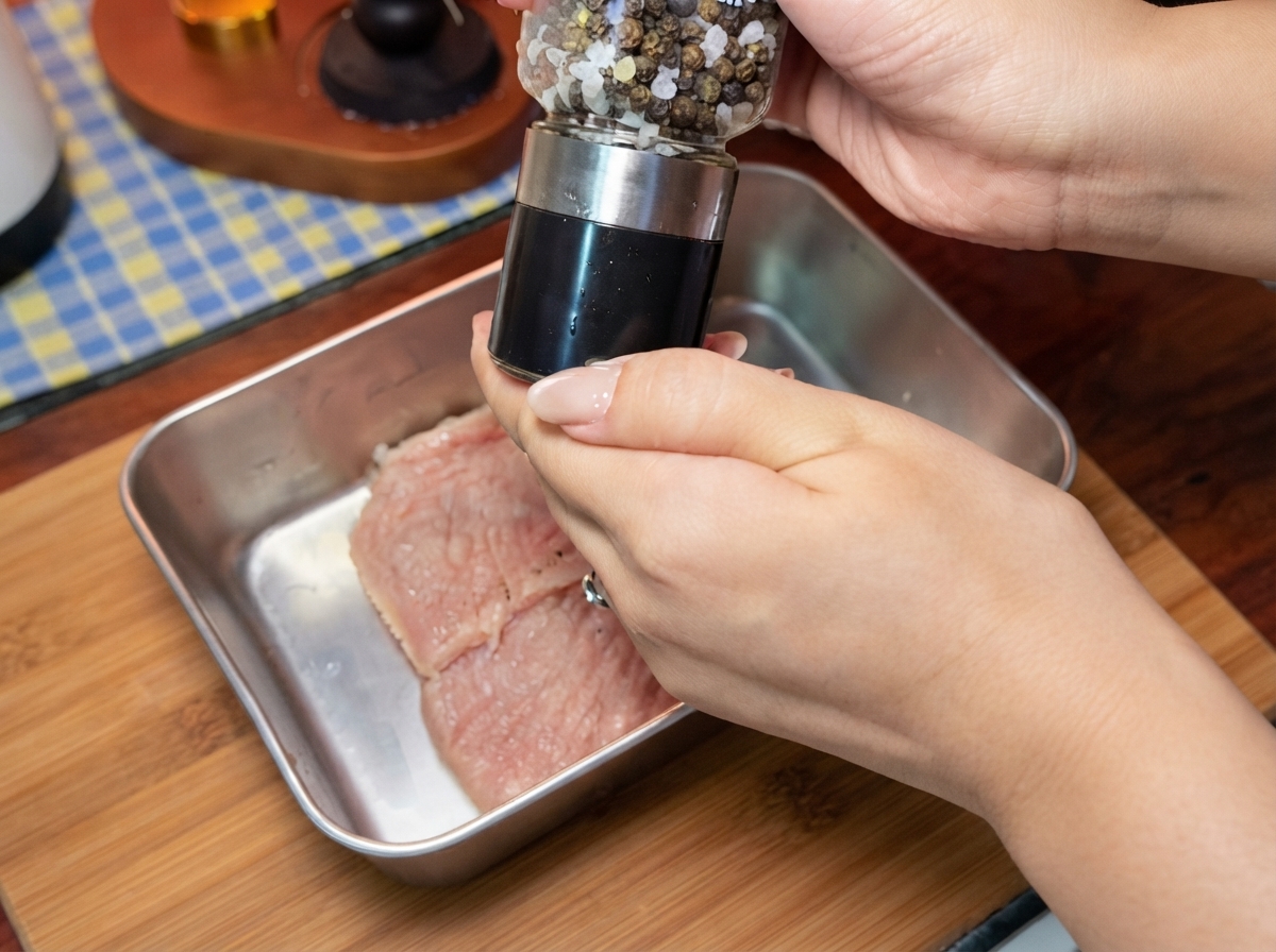 ステンレストレイにのせた生の豚肉に、ペッパーミルで黒こしょうを挽いて下味をつけている様子。