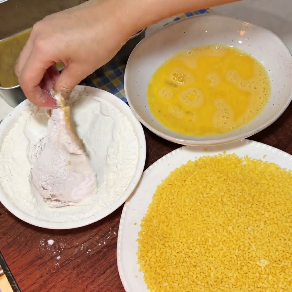 小麦粉が入った白いボウルの中で、生の豚肉に粉をまぶしている様子。