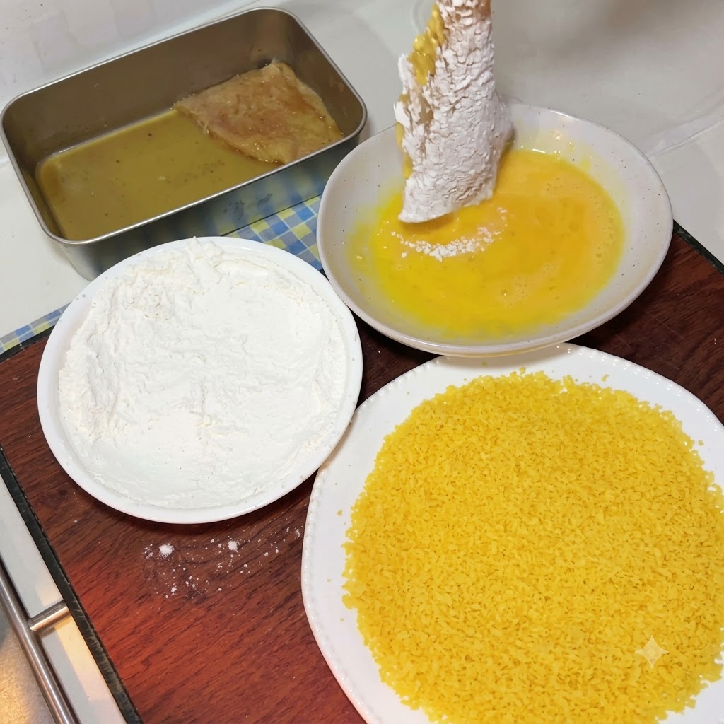 小麦粉をまぶした豚肉を、黄金色の溶き卵が入ったボウルに入れている様子。