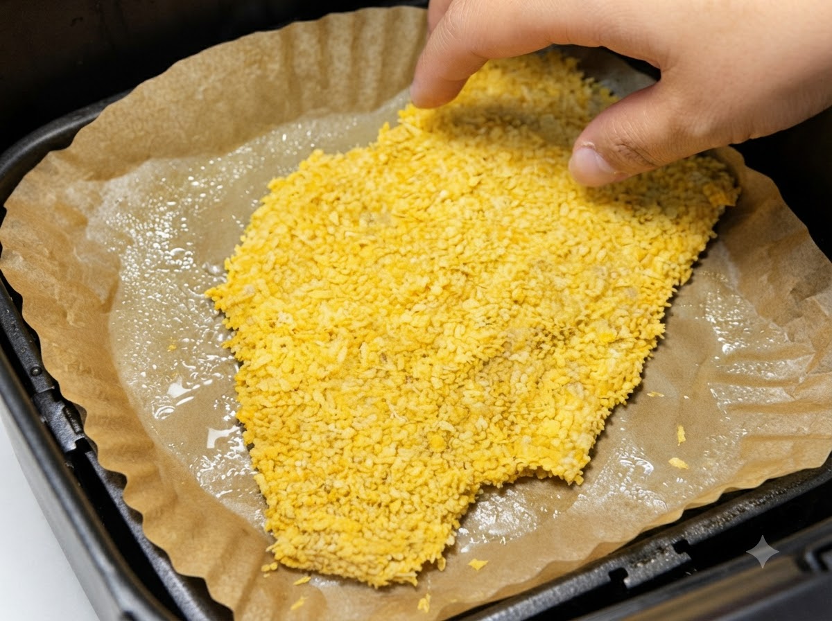 衣をつけた豚肉を、油をスプレーしたクッキングシートを敷いたノンフライヤーのバスケットに置いている様子。
