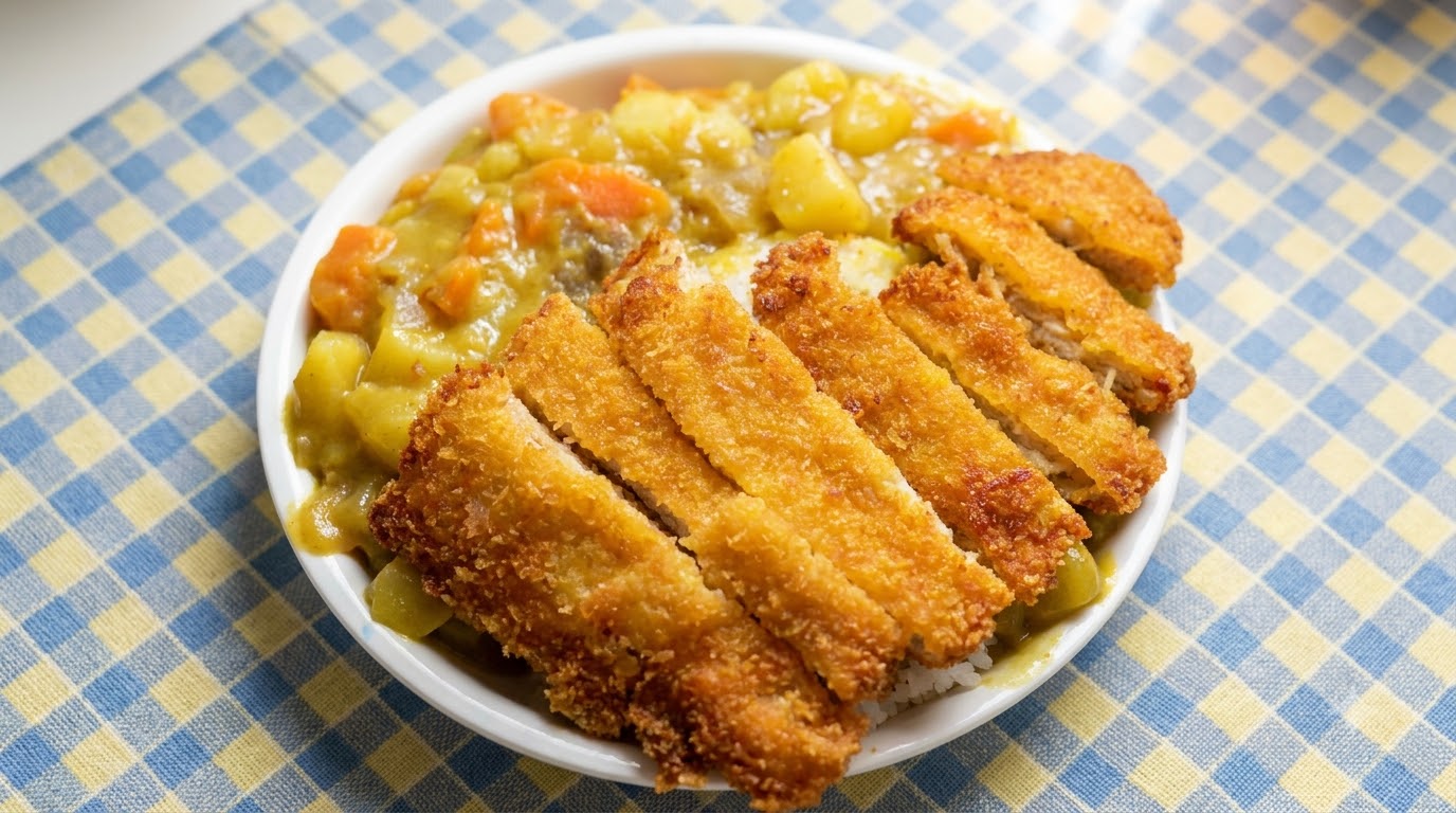 白いご飯にサクサクの豚カツをのせ、野菜たっぷりの濃厚なカレーをかけた一皿