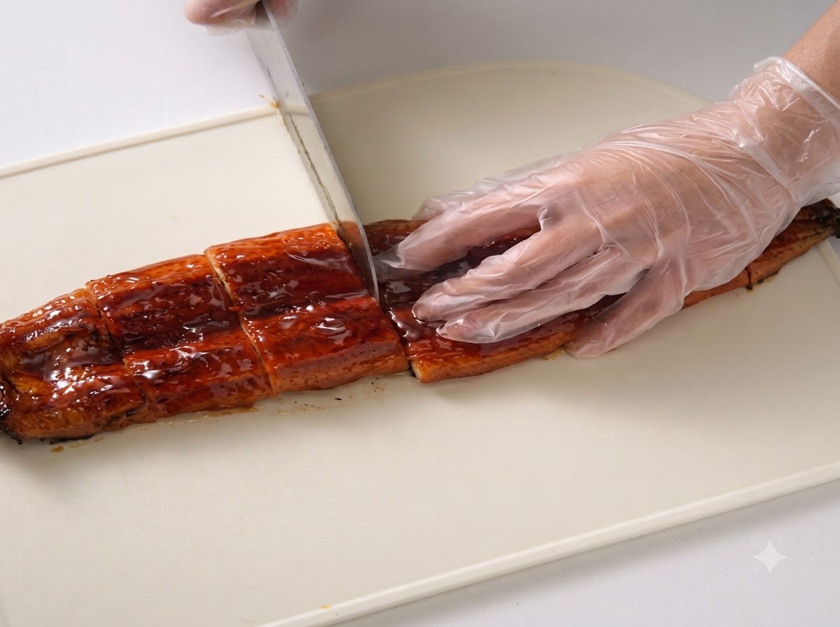 白いまな板の上で、包丁を使って焼きうなぎを均等な大きさにスライスしているクローズアップ画像。