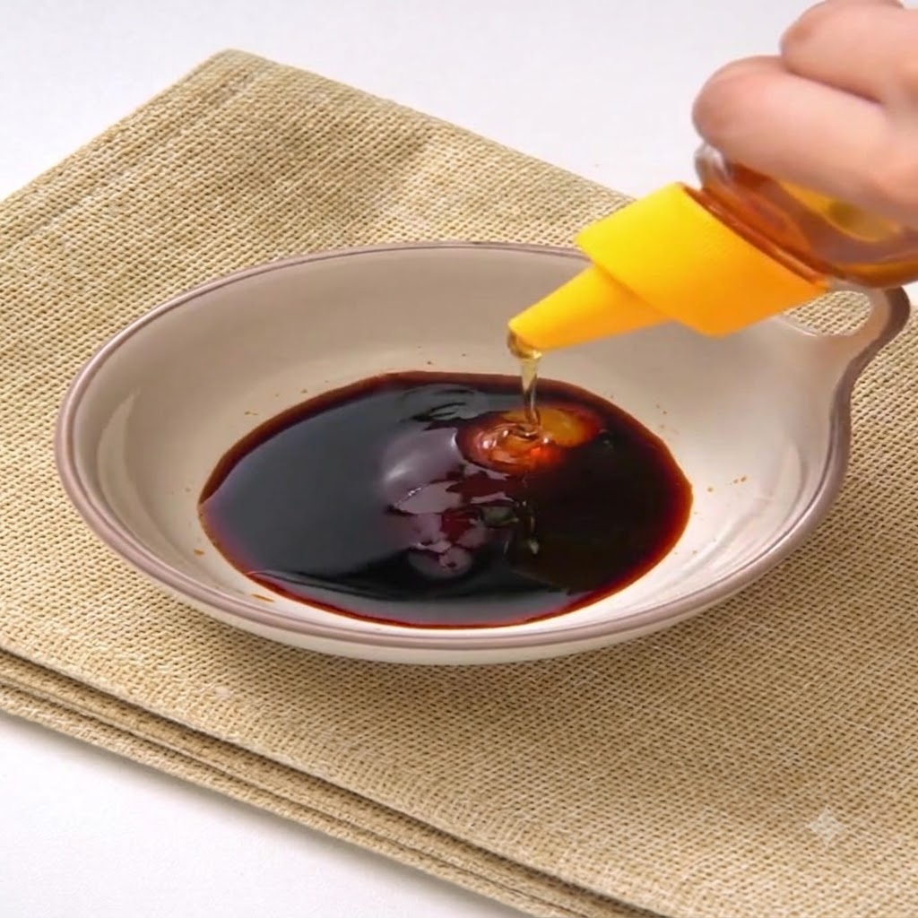 黄色のキャップのボトルから、陶器のボウルに入った醤油ベースのタレにはちみつが絞り出されている様子。