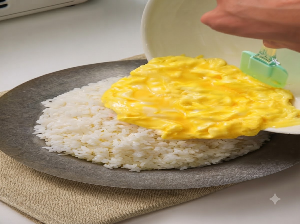 白いボウルから、温かい白ご飯を盛った大きなお皿の上へ、柔らかいスクランブルエッグが滑らせるように盛り付けられている様子。