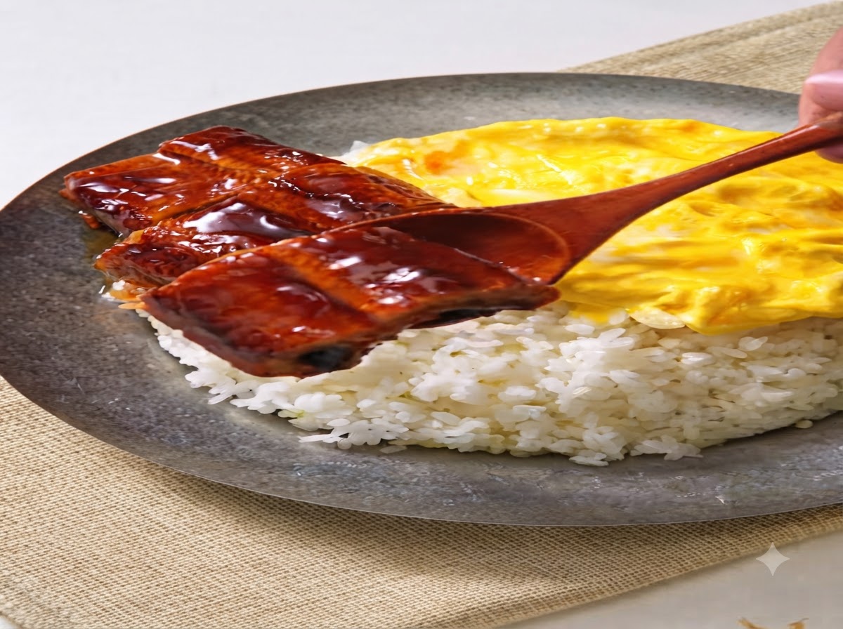 木製のスプーンが、ご飯とスクランブルエッグが盛られたお皿の上で、タレが絡んだうなぎの切り身を持ち上げている様子。