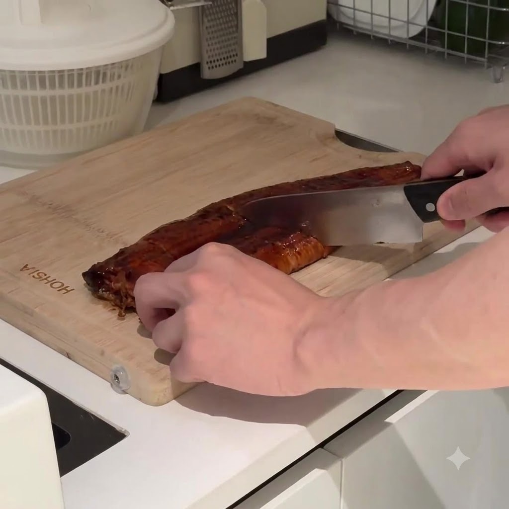 木のまな板の上で、鋭い包丁を使い蒲焼きのうなぎを一口大の大きさに均等に切り分ける様子。