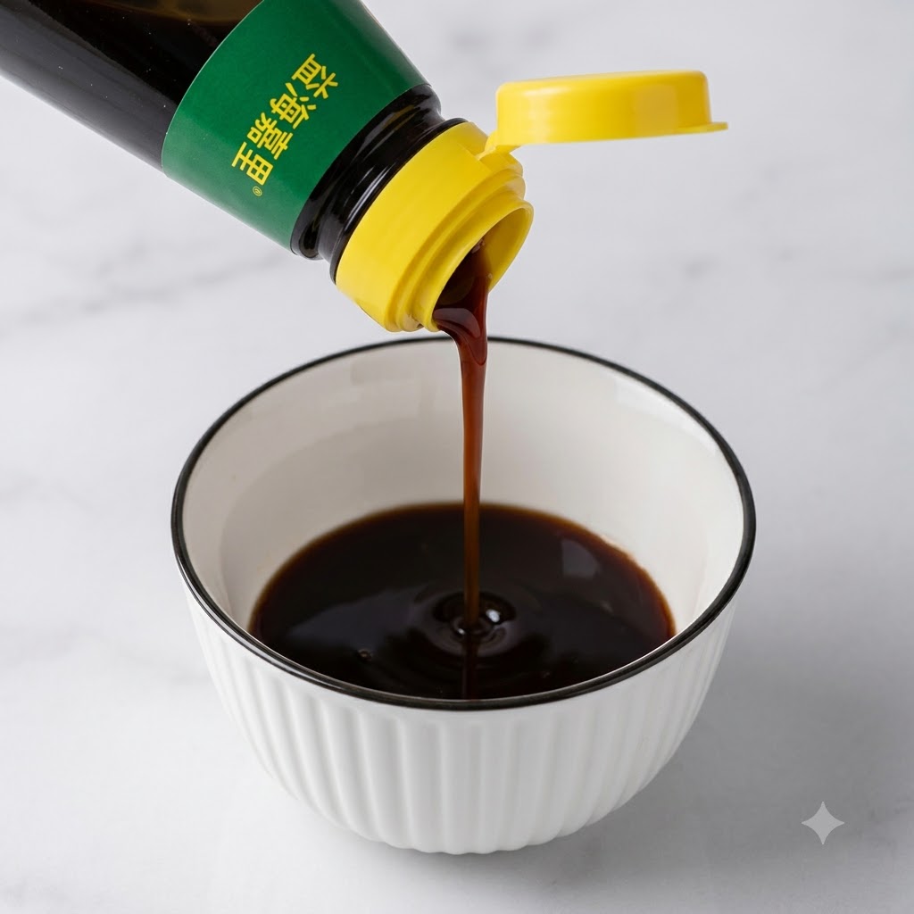 小さな白い容器に、ボトルから濃い色のタレを注ぎ入れて風味豊かな調味液を作る様子。