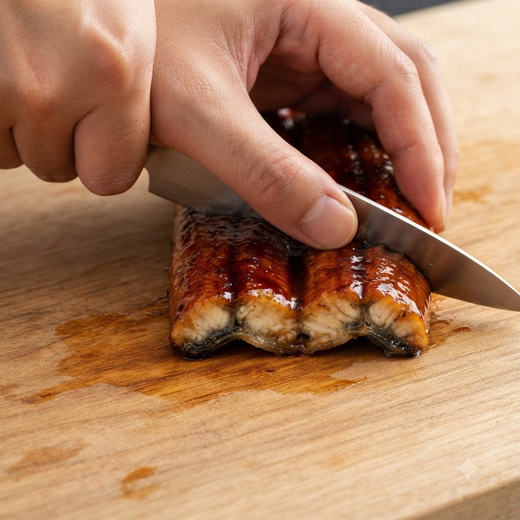 まな板の上で包丁を使ってうなぎの蒲焼きを四角く切っている様子。