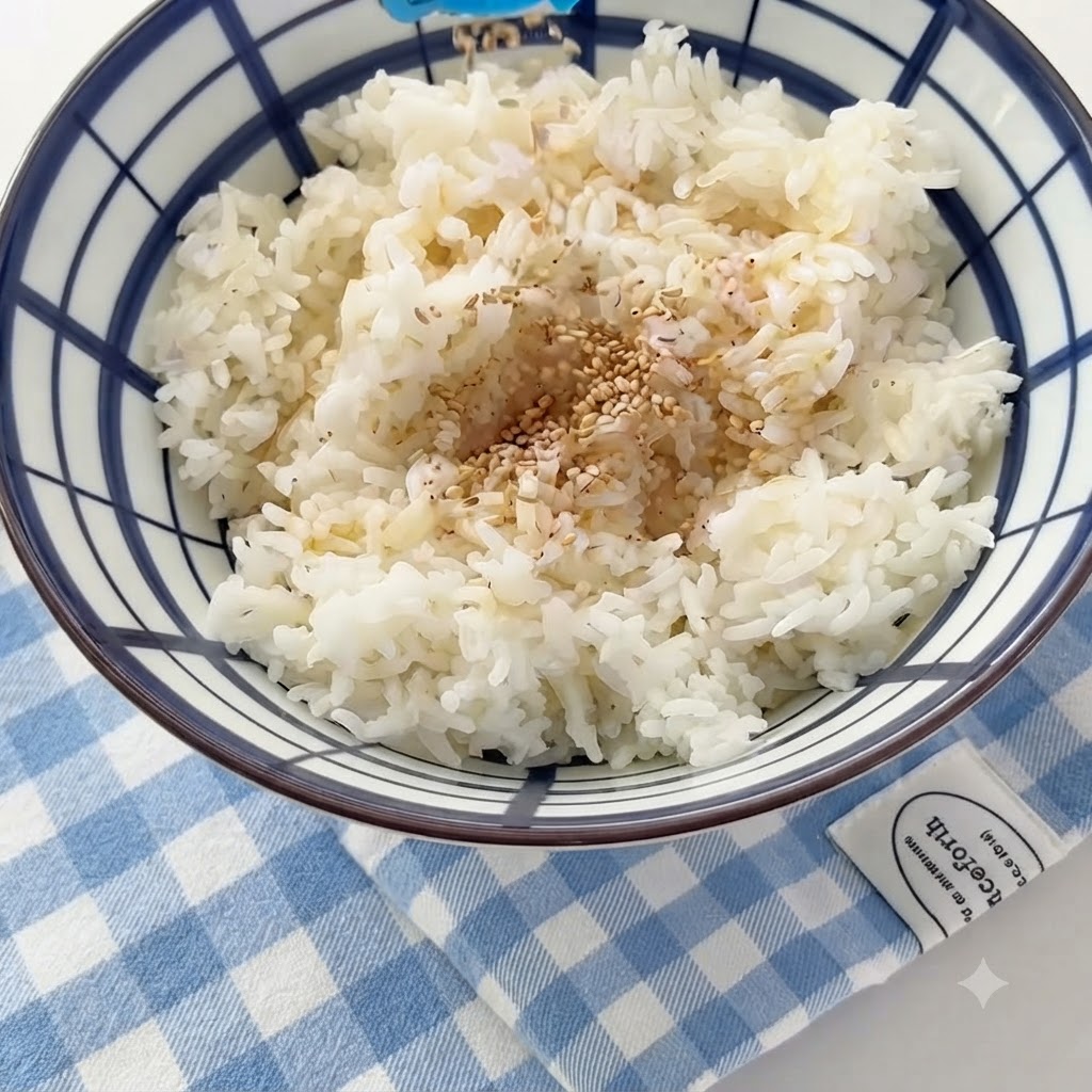 ごま油を混ぜたご飯のボウルに、白ごまをふりかけている様子。