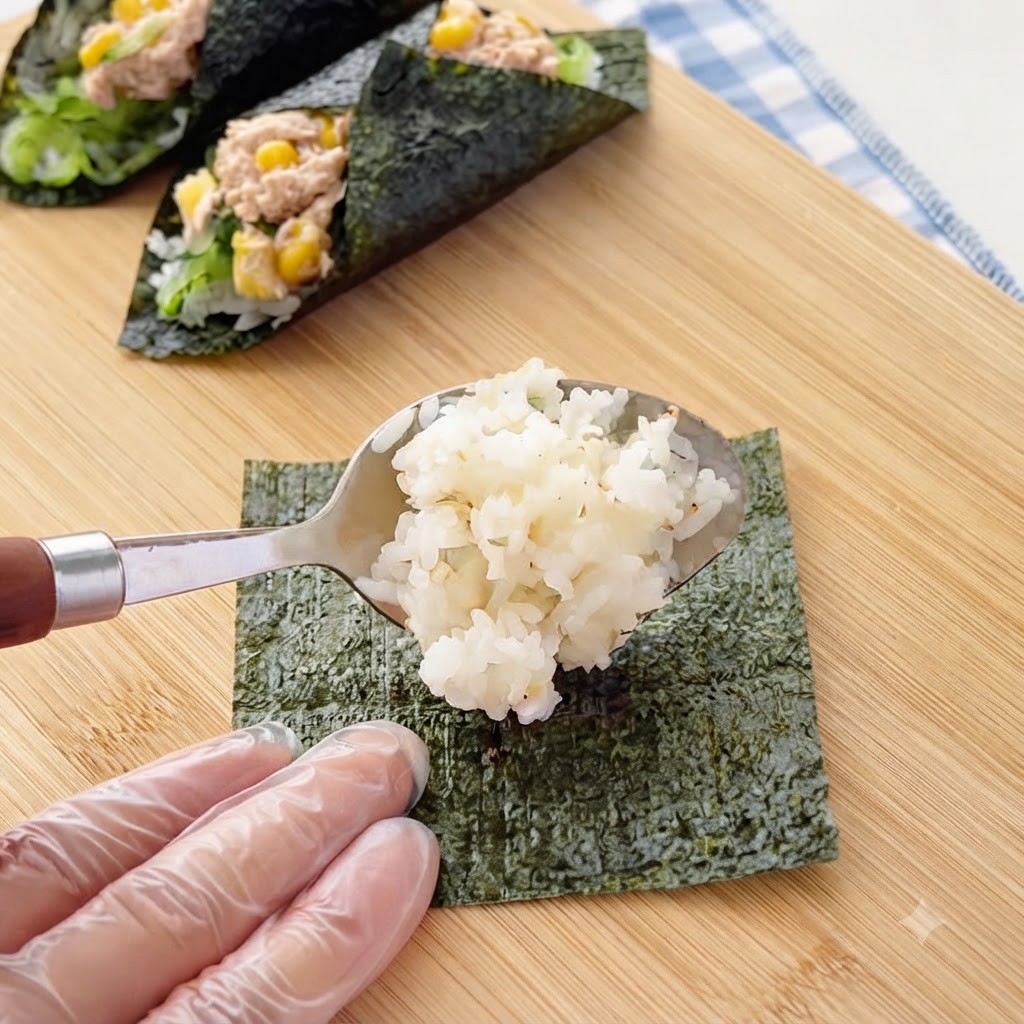 金属のスプーンを使って、小さく切った海苔の上に炊いた白米を少量載せている様子。