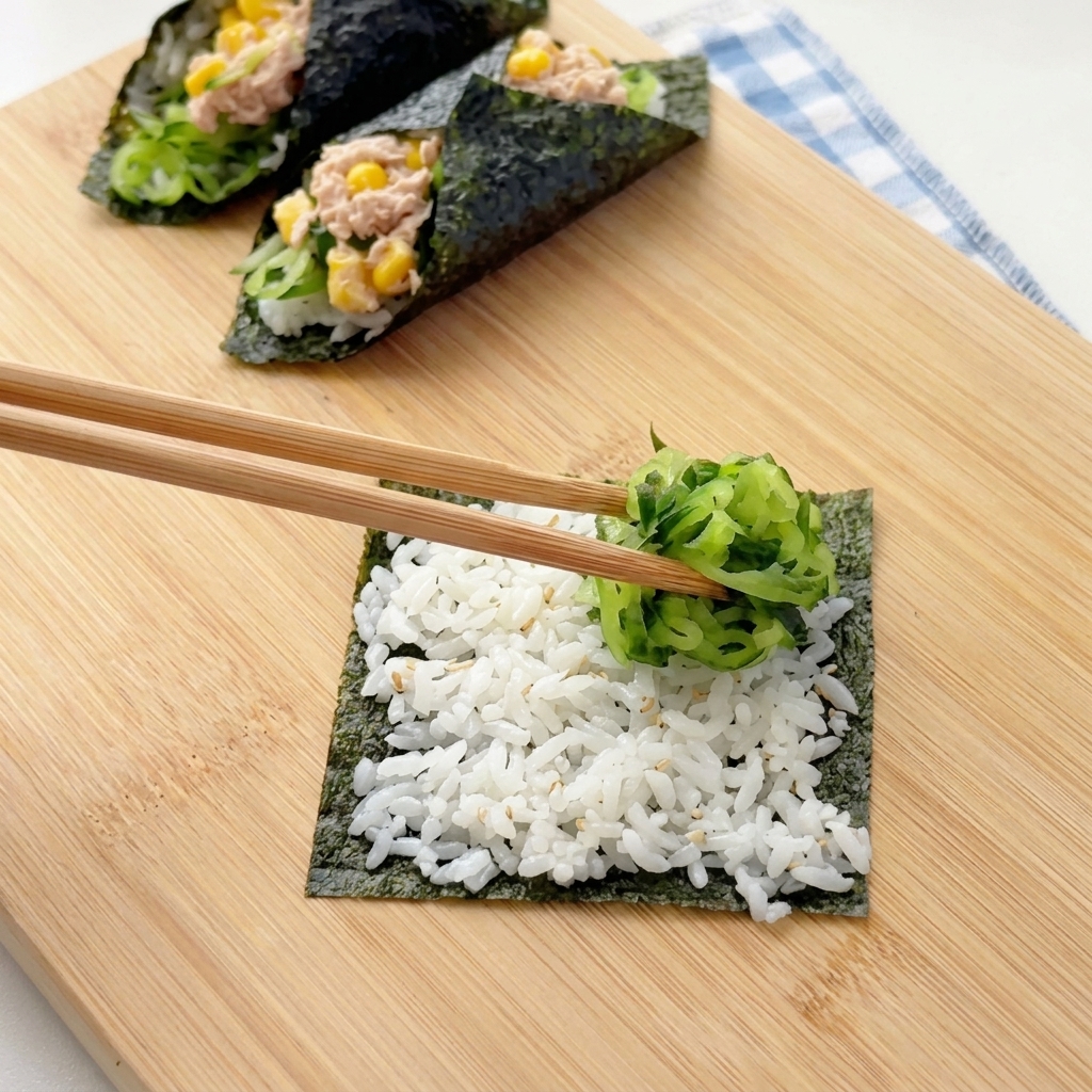 お箸を使って、海苔の4等分シートに敷いたご飯の上に、千切りキュウリの塊を載せている様子。