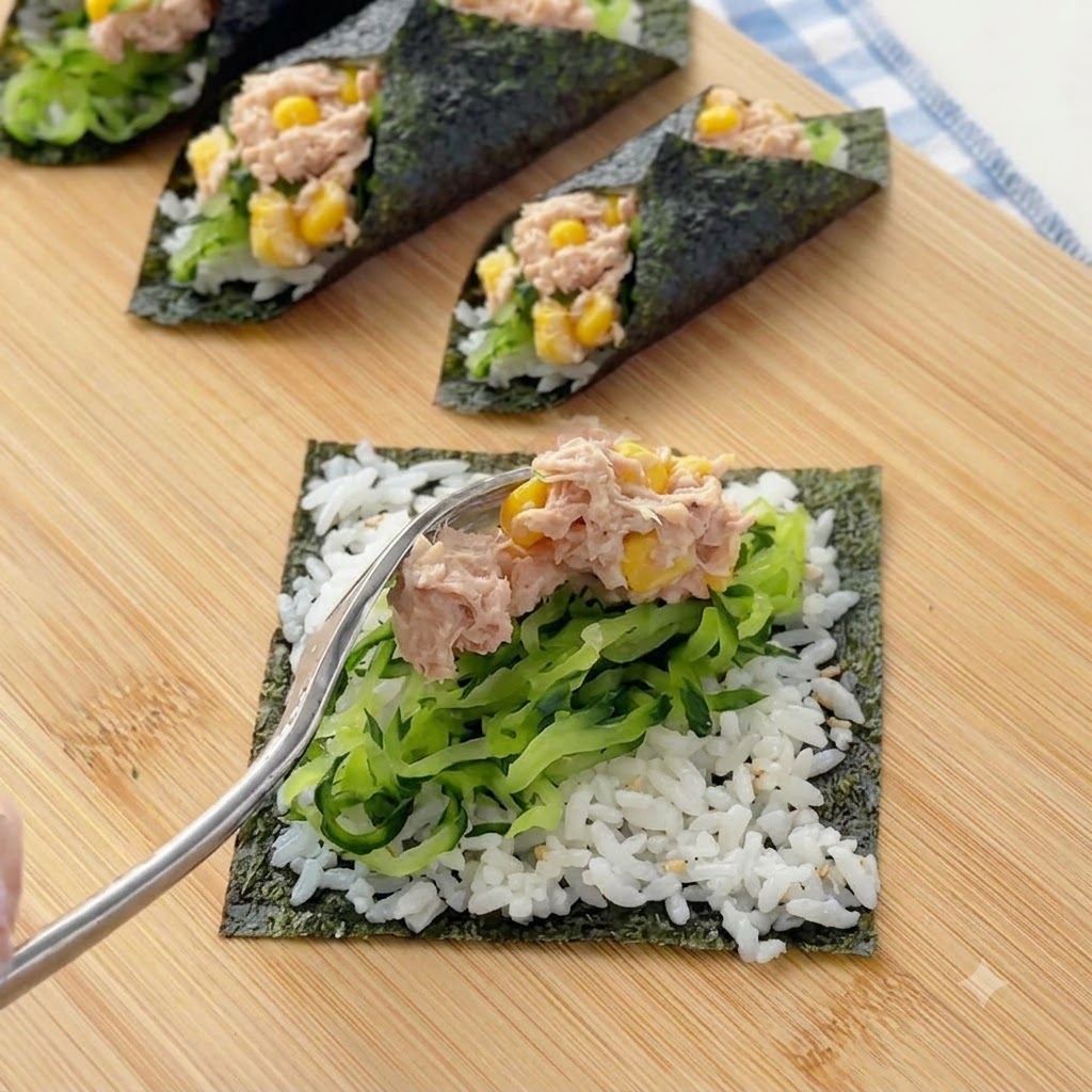 フォークを使って、海苔シート上のキュウリとご飯の上に、ツナとコーンのミックスサラダを一すくい載せている様子。