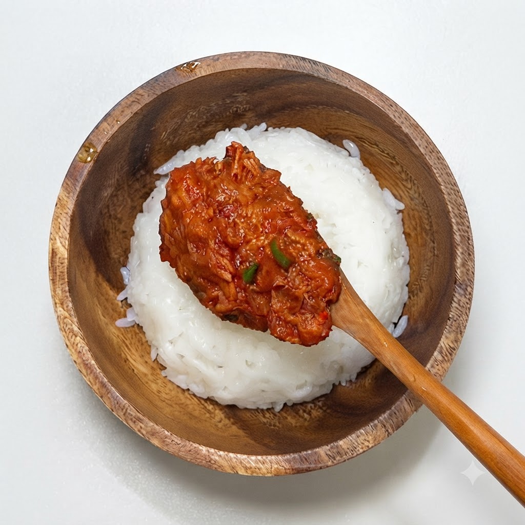 木製のボウルに盛られた白ご飯の上に、スパイシーツナをのせている様子。