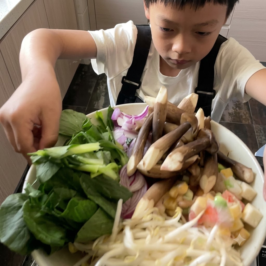 調理前にスチーマーボウルに並べられた、色とりどりの新鮮な野菜、きのこ、スライスした玉ねぎ。