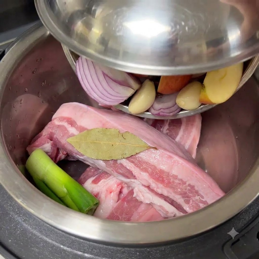 炊飯器の中の豚肉の上に香味野菜を入れている様子。