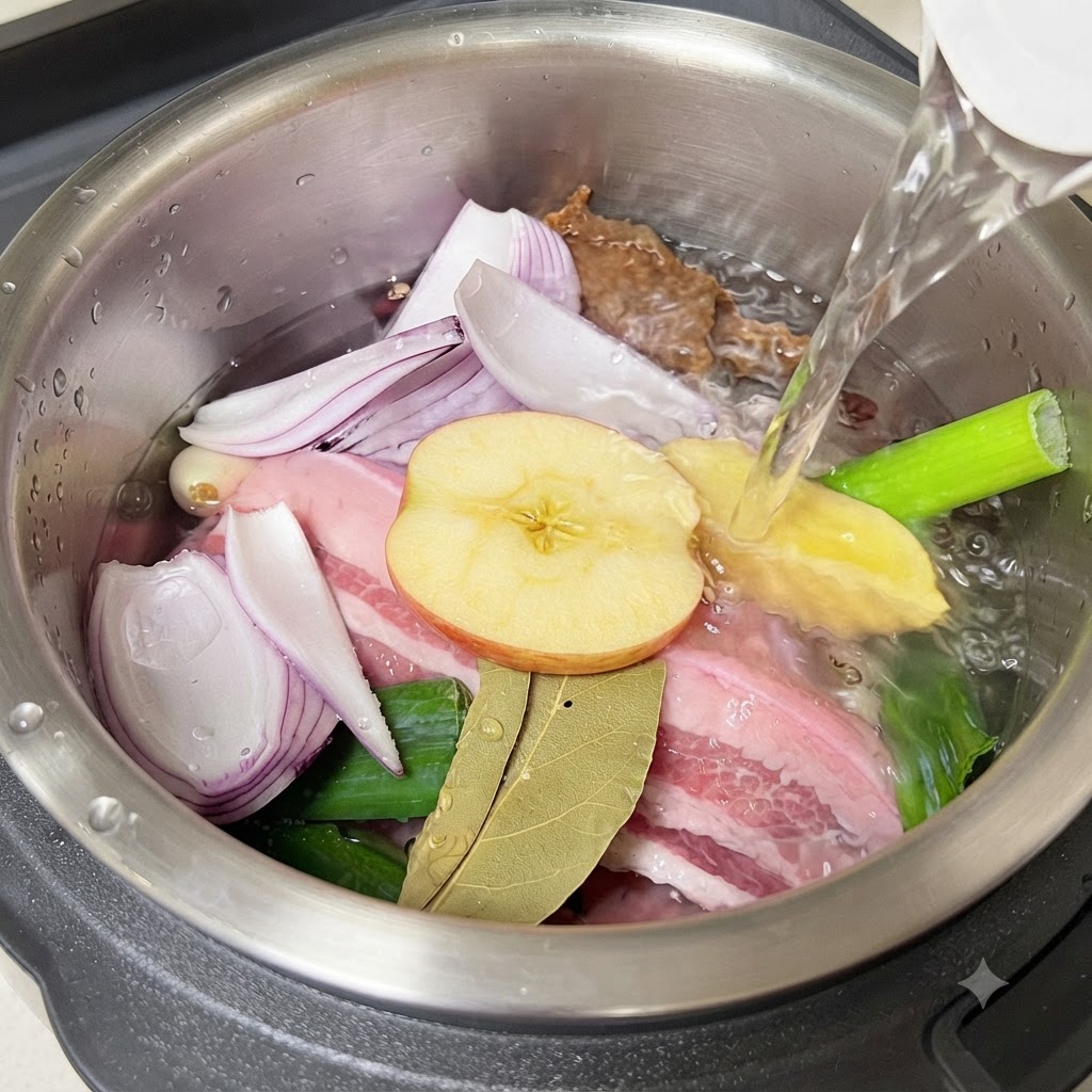 炊飯器の具材の上に水を注いでいる様子。