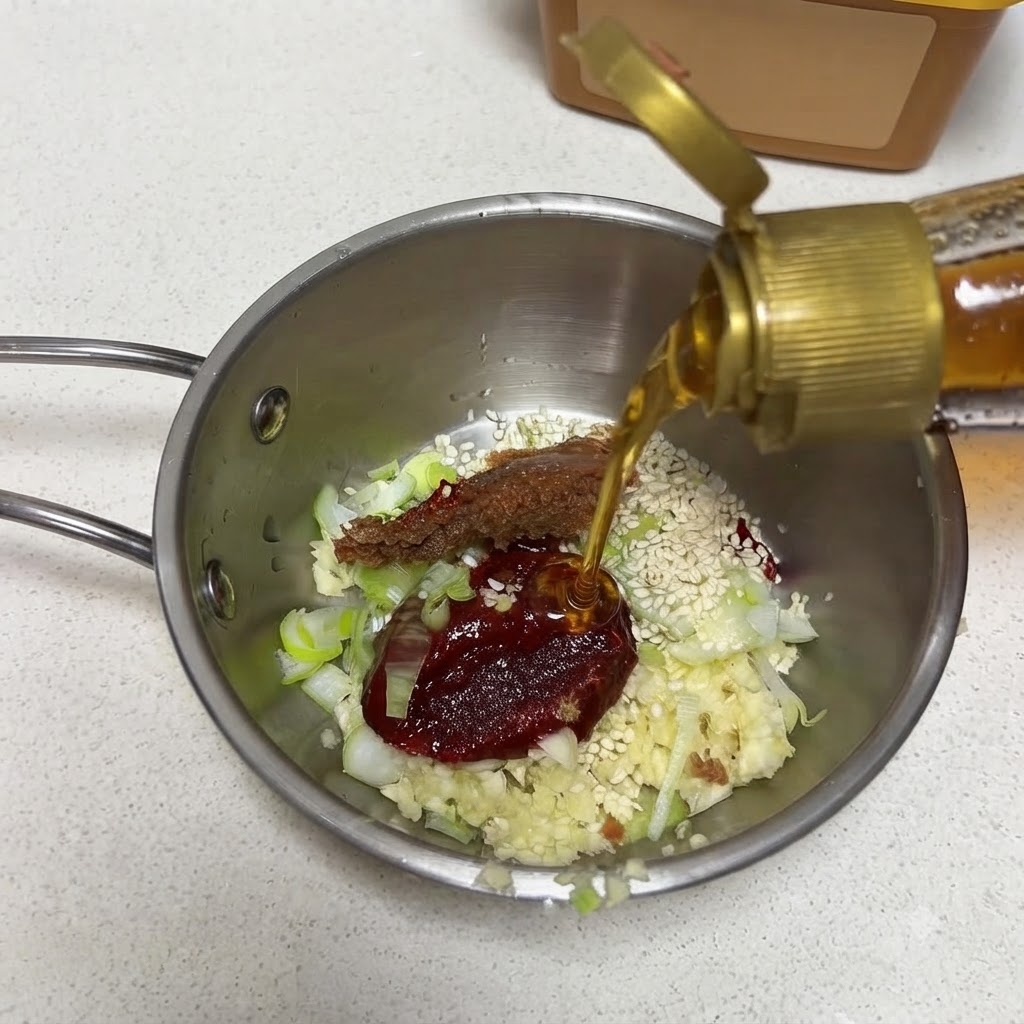 たれの材料が入ったボウルにごま油を注いでいる様子。