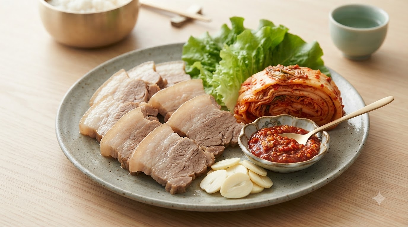 新鮮なサンチュ、キムチ、特製の辛味噌だれを添えた、スライスしたゆで豚（ポッサム）。