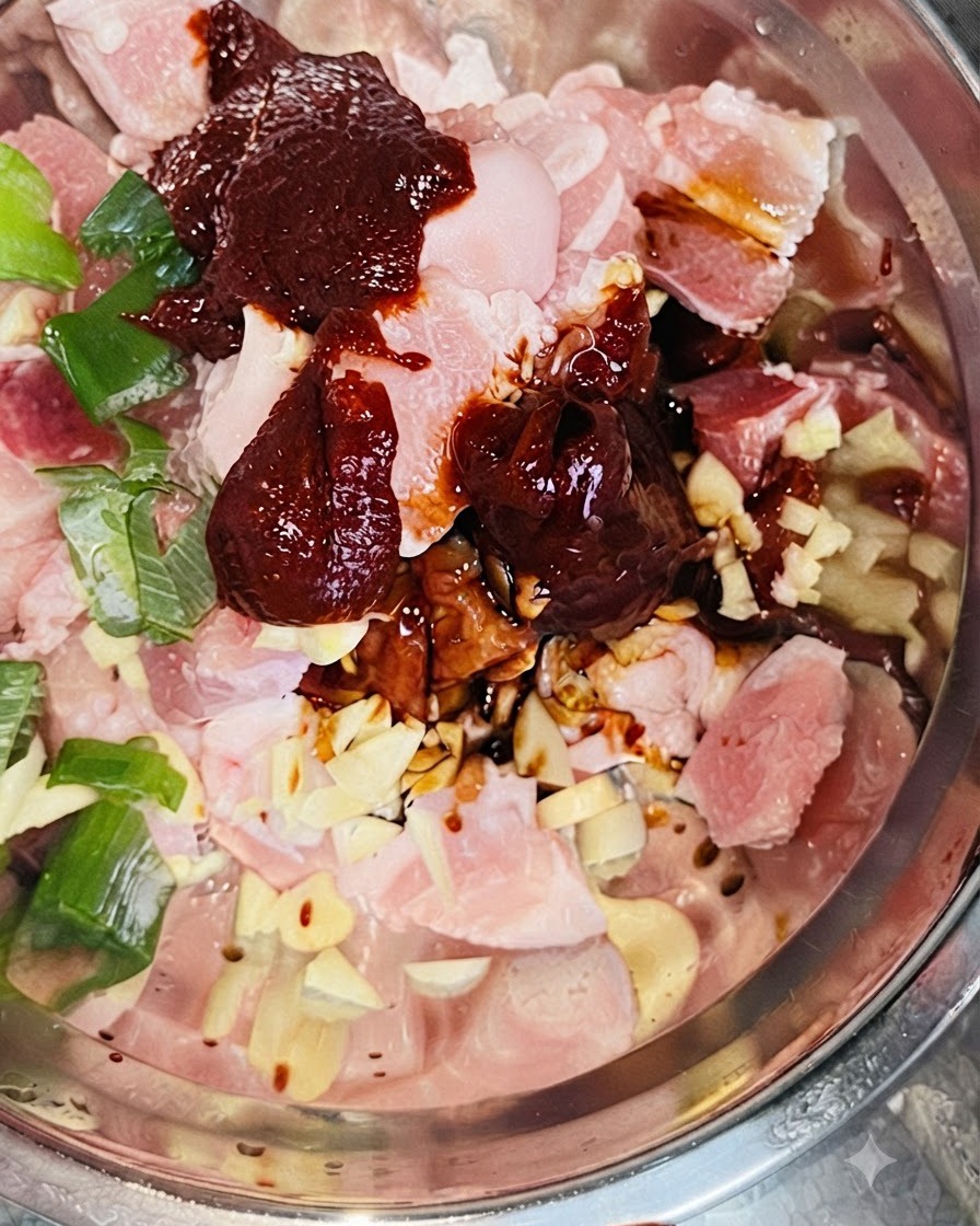 豚バラ肉、コチュジャン、醤油、刻みネギが入った金属製のボウルに、スプーンから白砂糖が加えられている瞬間