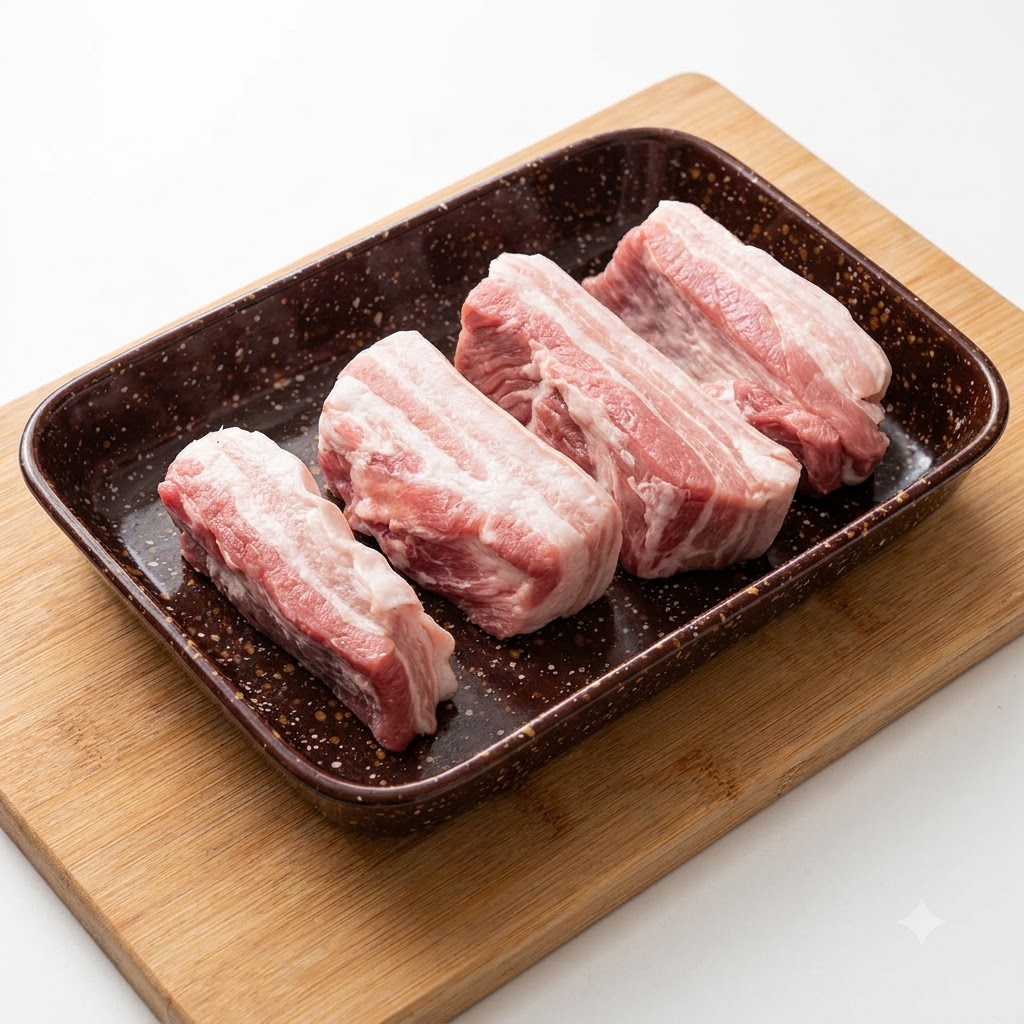 黒い皿に並べられた生の豚バラ肉の薄切りに、上から緑色のシェーカーで調味料が振りかけられている様子。