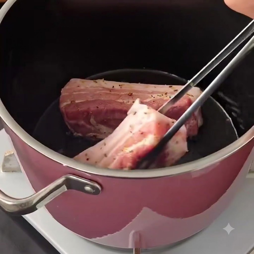 ピンク色の鍋の中で、金属製のトングで扱われながら豚バラ肉のストリップが茶色く色づいている様子。