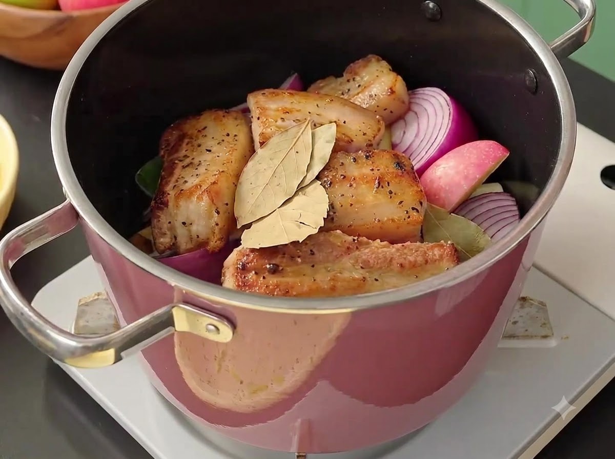 肉と野菜の上の調理鍋に、生姜、ニンニク、ローリエ、調味料が加えられている様子。