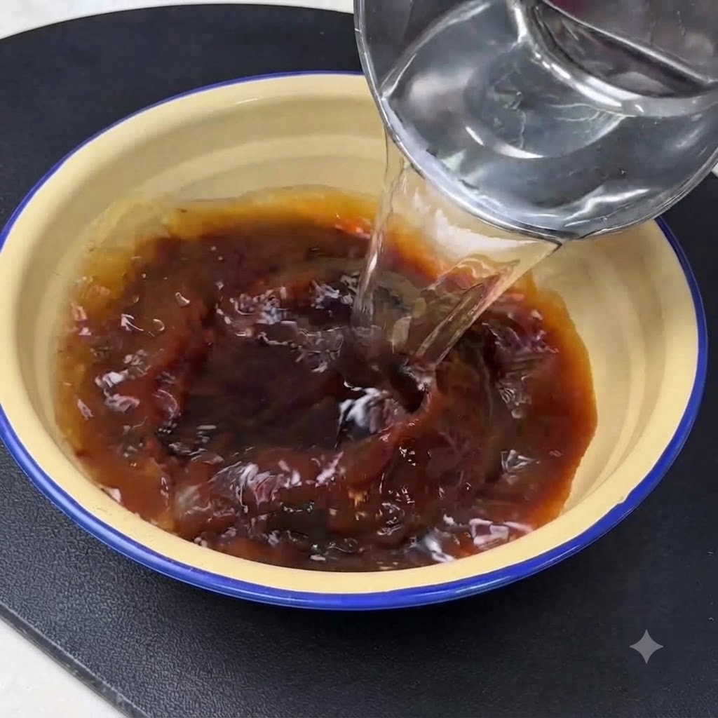 清水倒入裝滿深色醬料混合物的黃色碗中。