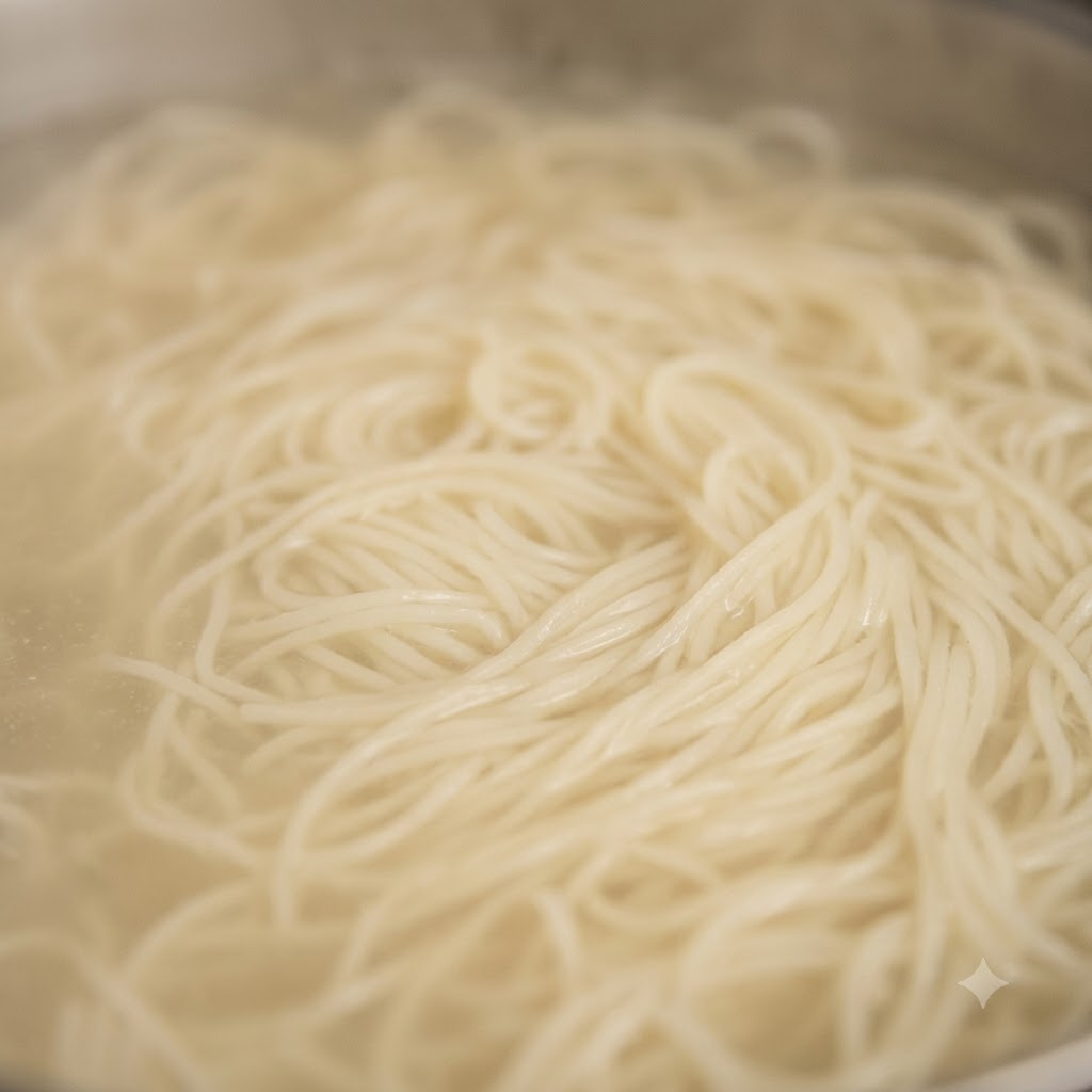 たっぷりと沸騰した大きなお湯の鍋の中で、生麺がぐつぐつと茹でられている様子。